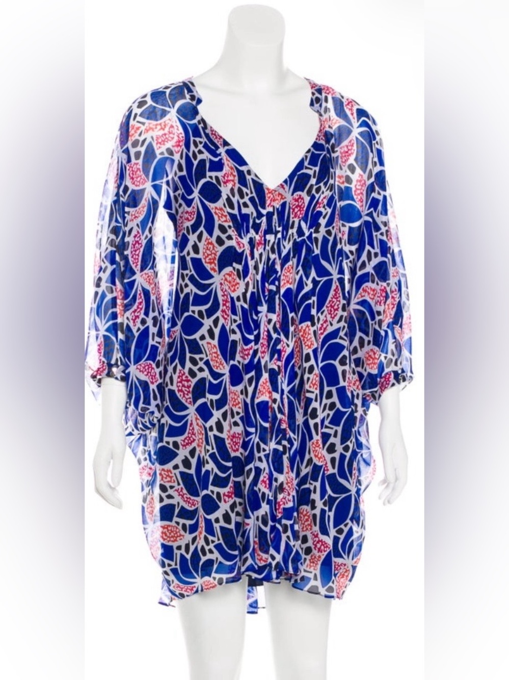 Diane Von Furstenberg Blue Floral V-Neck Women's Tunic Top